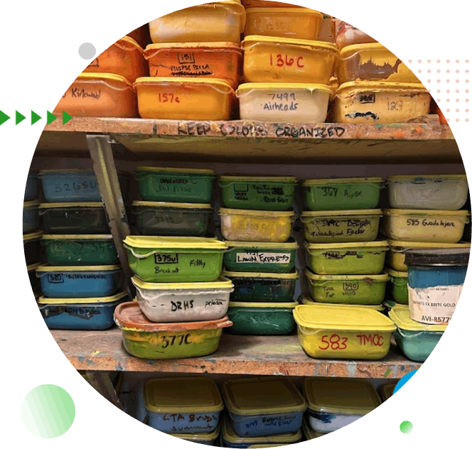 A shelf filled with different colored containers of food.