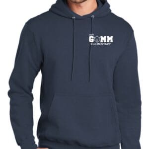 A man wearing a navy blue hoodie with the words " gmm " on it.