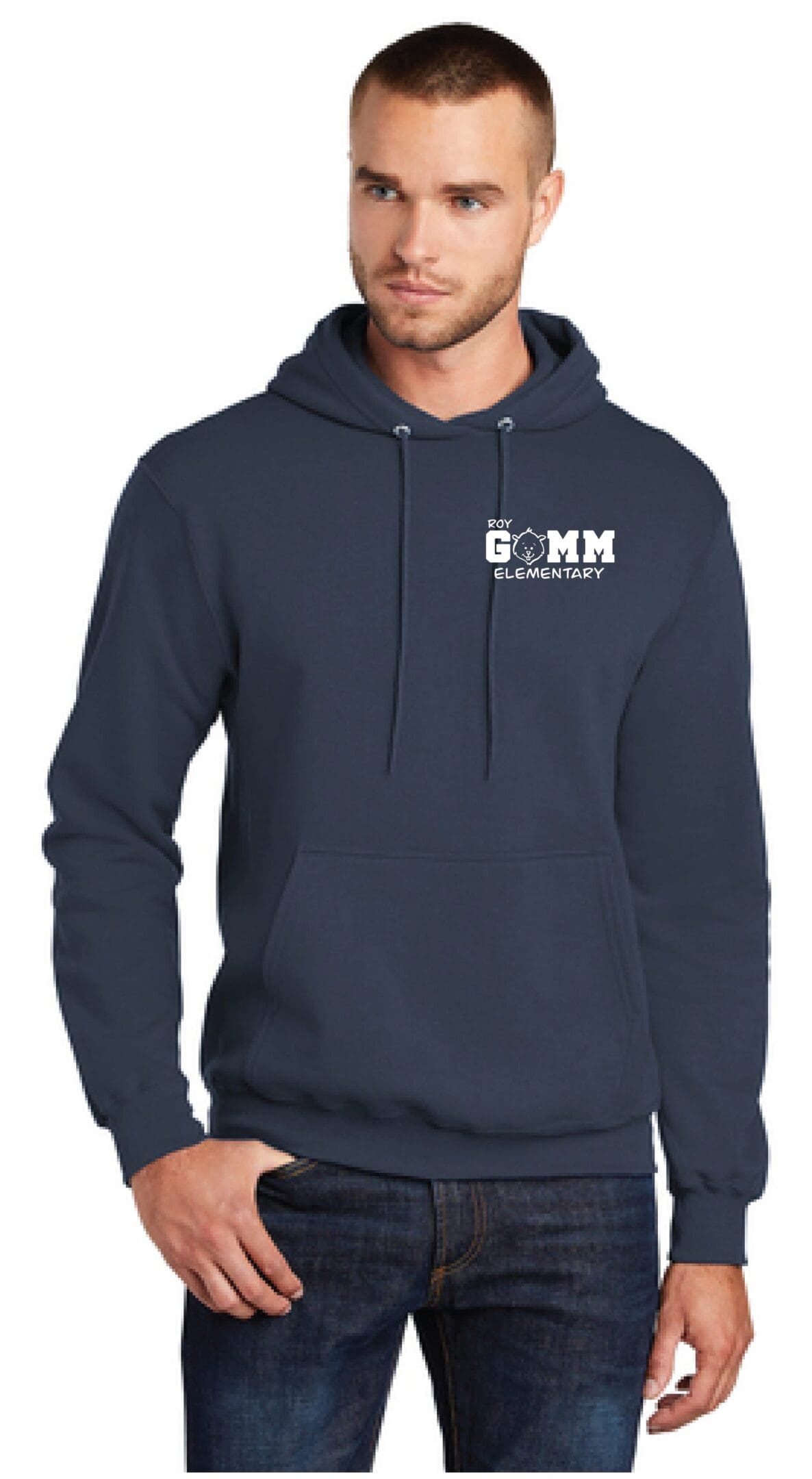 A man wearing a navy blue hoodie with the words " gmm " on it.