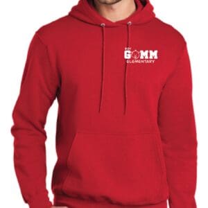 A man wearing a red hoodie with the word " gohn " on it.