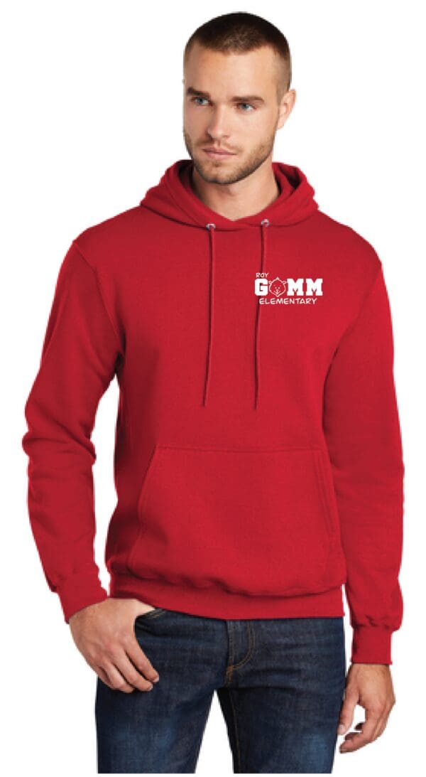 A man wearing a red hoodie with the word " gohn " on it.