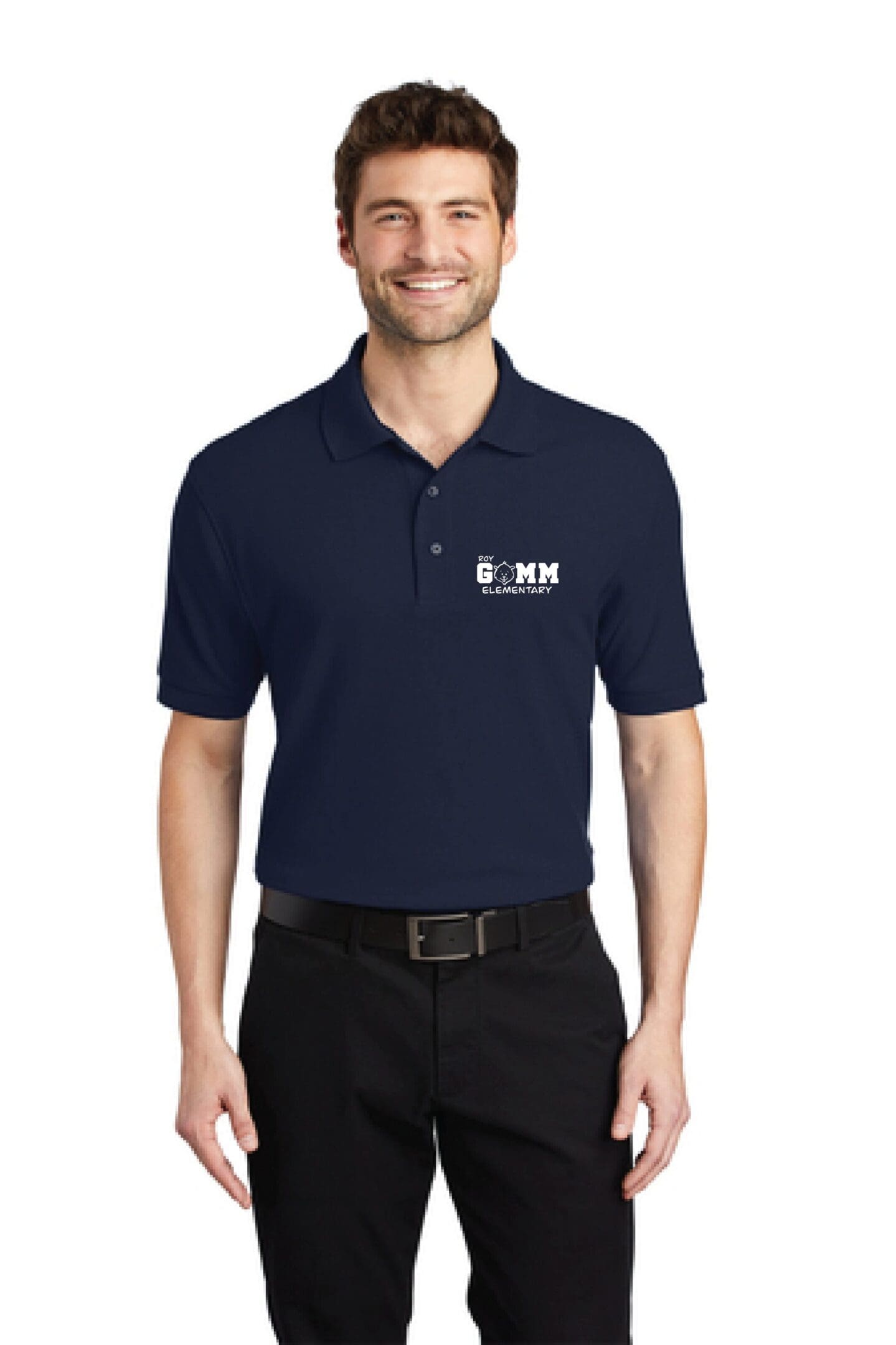 A man wearing a navy blue polo shirt.