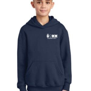 A young boy wearing a navy blue hoodie.