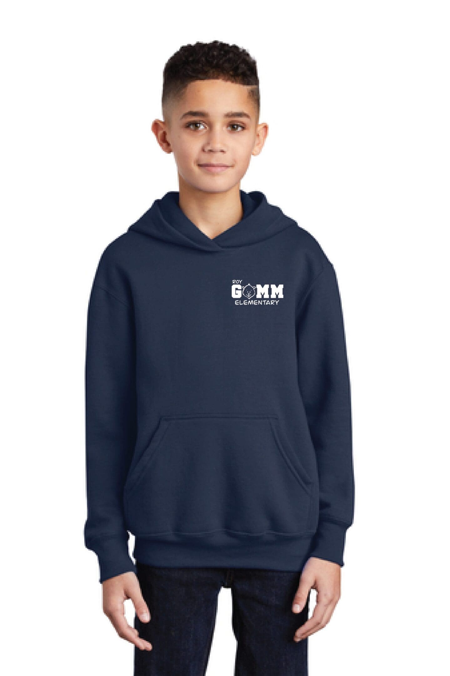 A young boy wearing a navy blue hoodie.