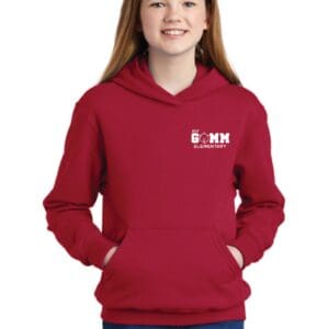 A girl wearing a red hoodie with the words " 6 hk " on it.