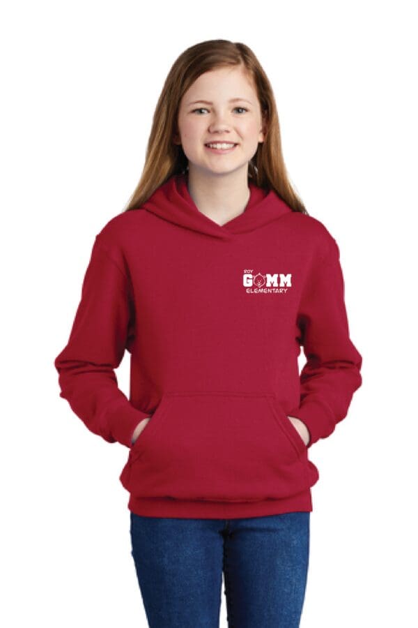 A girl wearing a red hoodie with the words " 6 hk " on it.